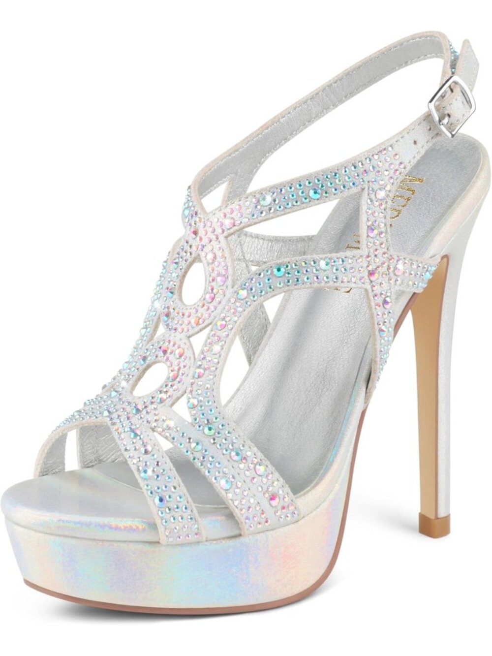 Women's Silver Flash Peep Toe Platform Stilettos Sparkly Rhinestone Lace Heels